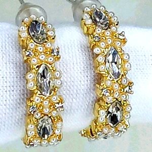 Gold Pearl & Rhinestone Hoop Earrings